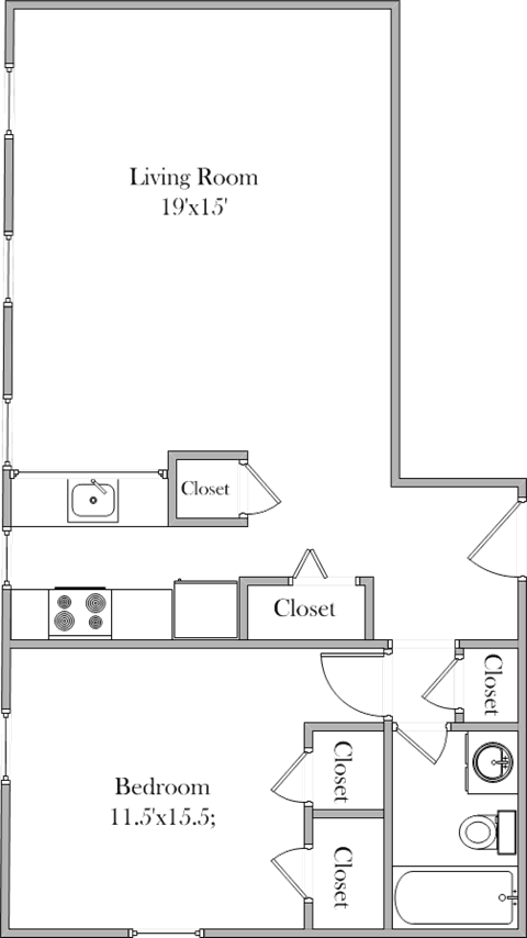 Floor plan for 1 bed, 1 bath, 678 sqft
